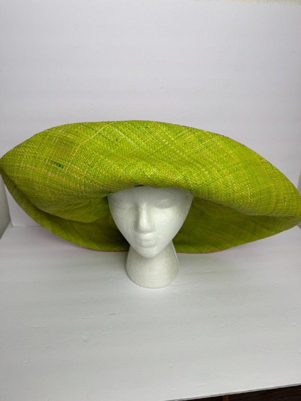 Hand Woven Madagascar Big Brim RAFFIA Sun Hat Pink & Neon Green Sz XL 23.5" - Picture 5 of 12